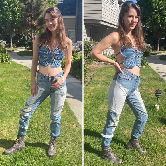 Erika Kelly Apparel Upcycled Everlane Skinny Jeans Patchwork & Lace Handsewn - Picture 11 of 17